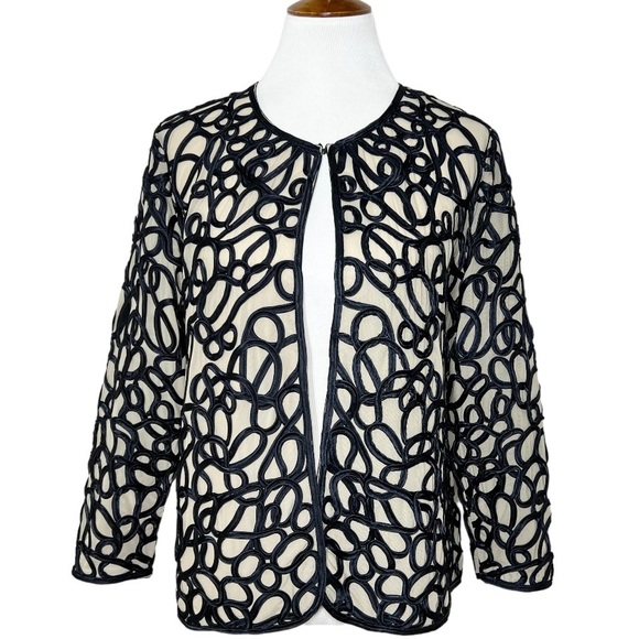 Chico’s Satin Embroidered Navy Blue Beige Long Sleeve Open Front Blazer M - Picture 1 of 11